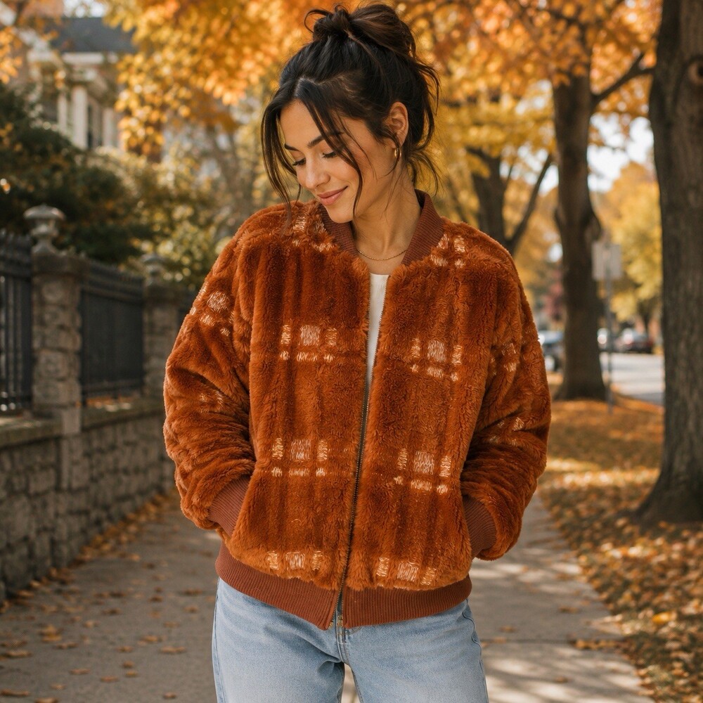 Anthropology Plaid Teddy Bomber Jacket Burnt Orange Faux Fur Cozy Fall Coat XS